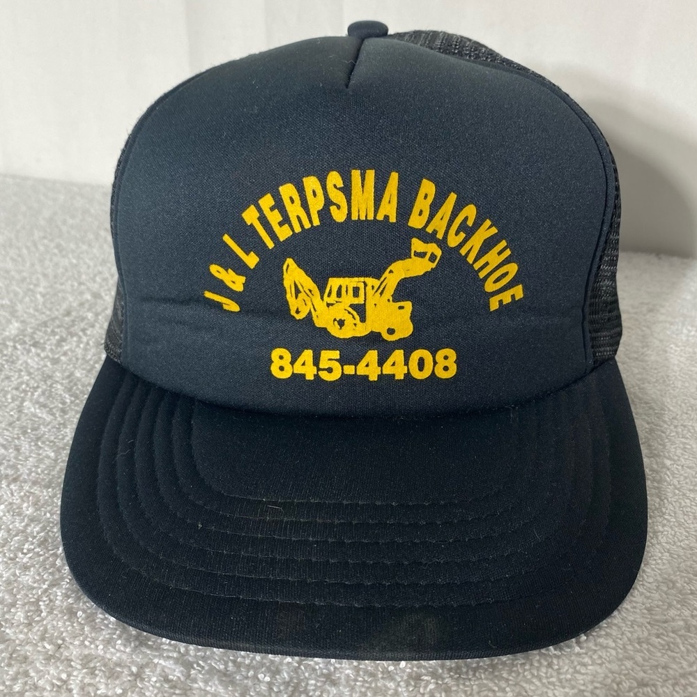 Vintage Black Yellow J&L Terpsma Backhoe Mesh Back Snap Back Trucker Hat